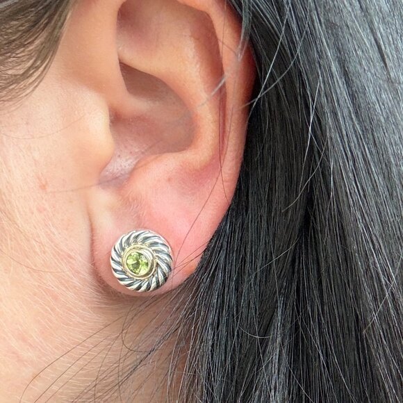 David Yurman Sterling Silver 14K Gold Green Peridot Cookie Cable Stud Earrings - Picture 2 of 6
